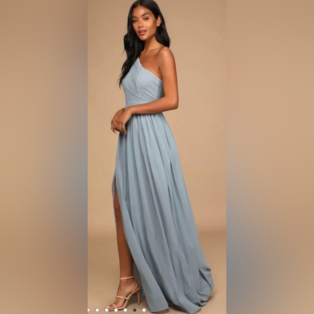 NWT Lulus Lovely Endings Dusty Blue One-Shoulder Pleated Maxi Dress - Picture 1 of 9